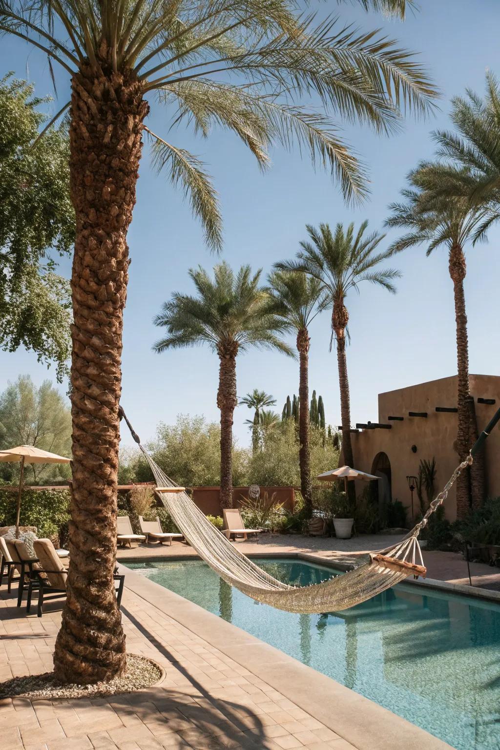 Hammocks bring relaxation and charm to poolside settings.