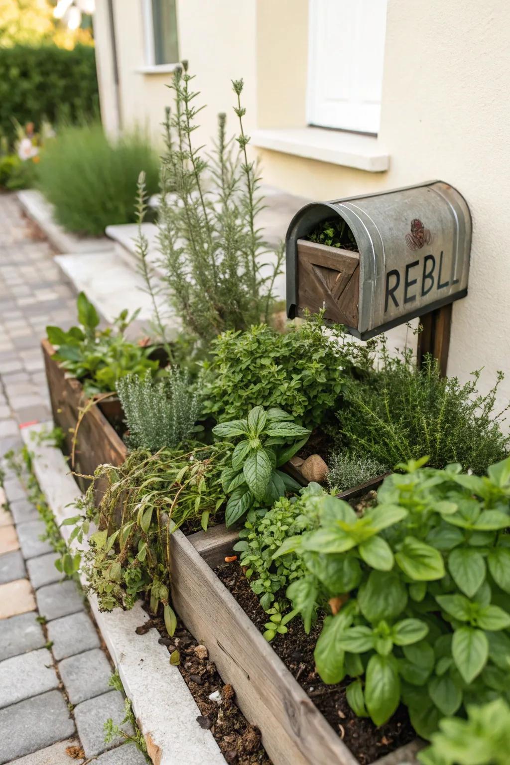 An herb garden adds practicality and fragrance to your mailbox setting.