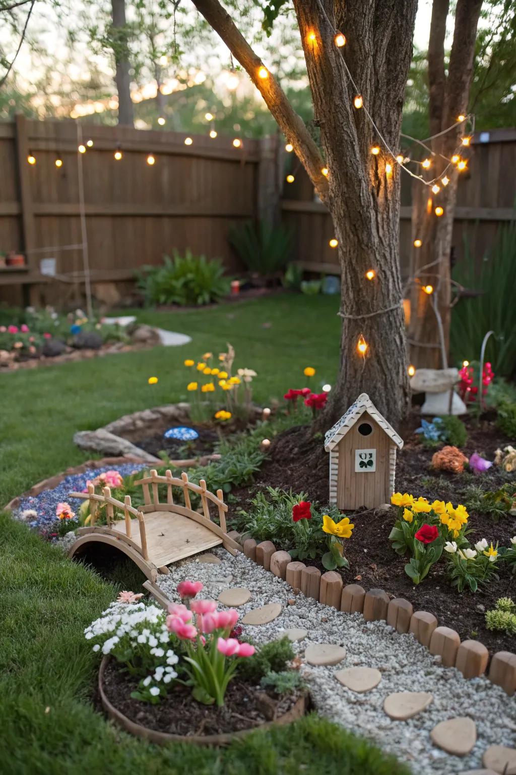 A magical fairy garden with miniature artificial flowers.