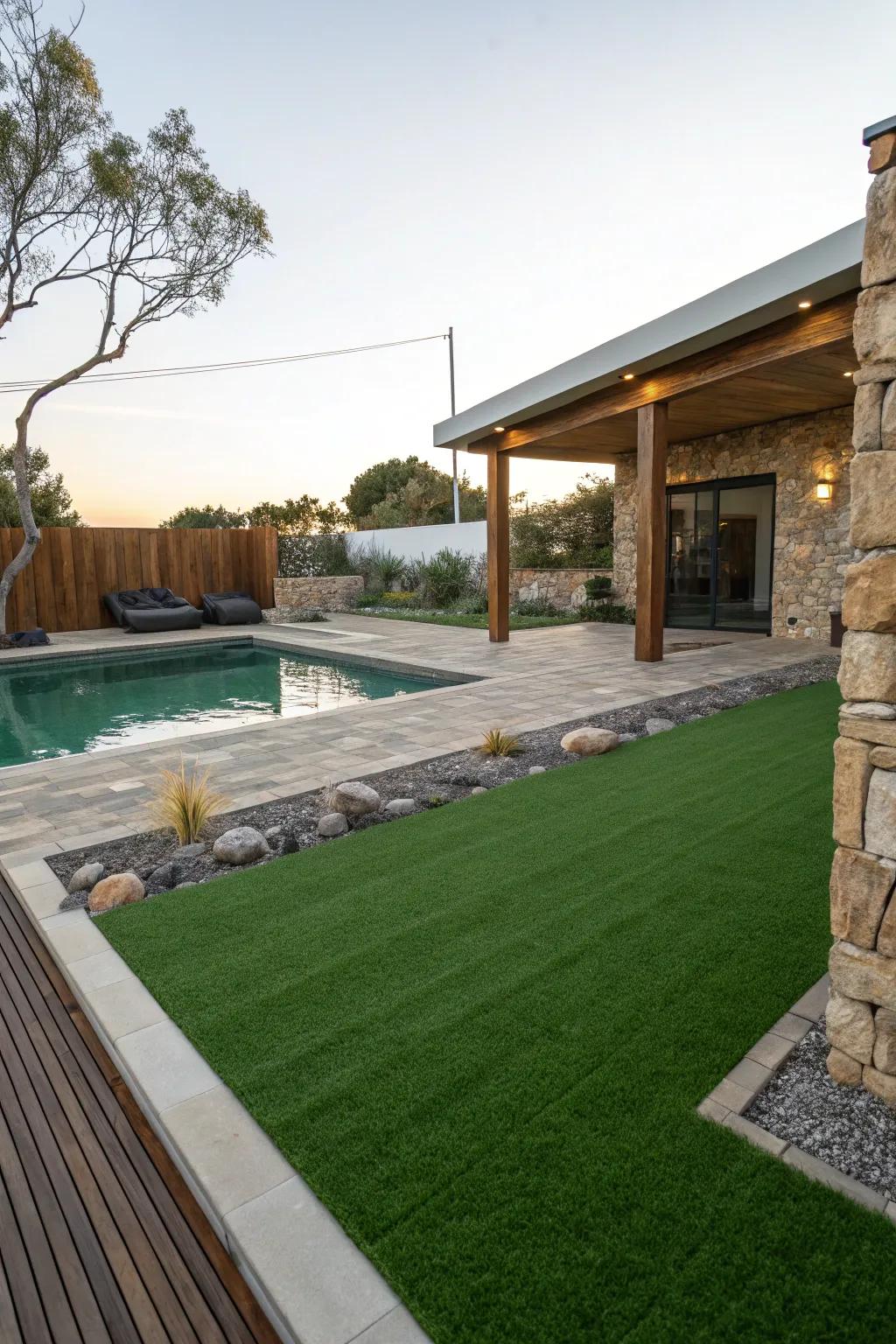 Highlight textures by contrasting artificial grass with hardscape elements.