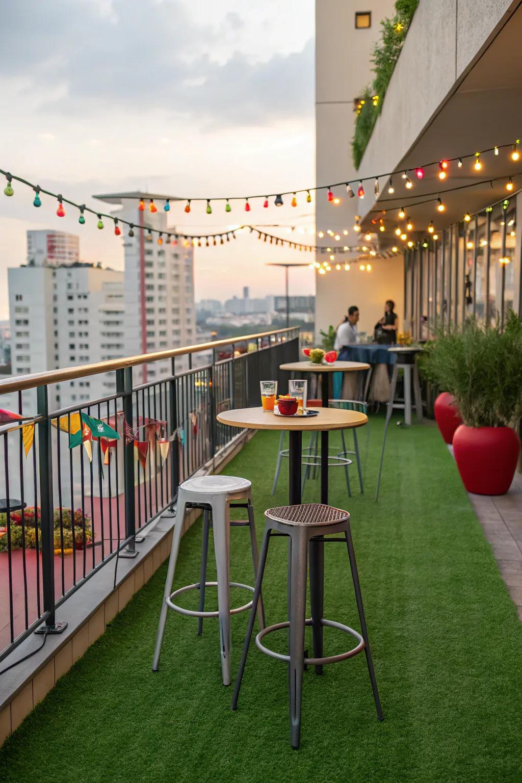 Host a balcony bar with artificial grass for a fun gathering spot.