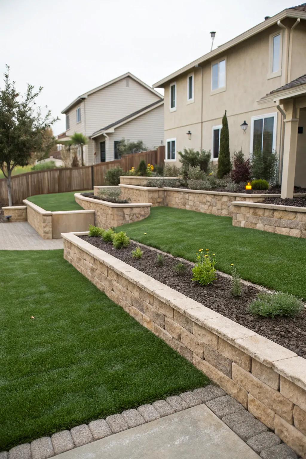 Retaining walls define distinct zones in your artificial grass yard.