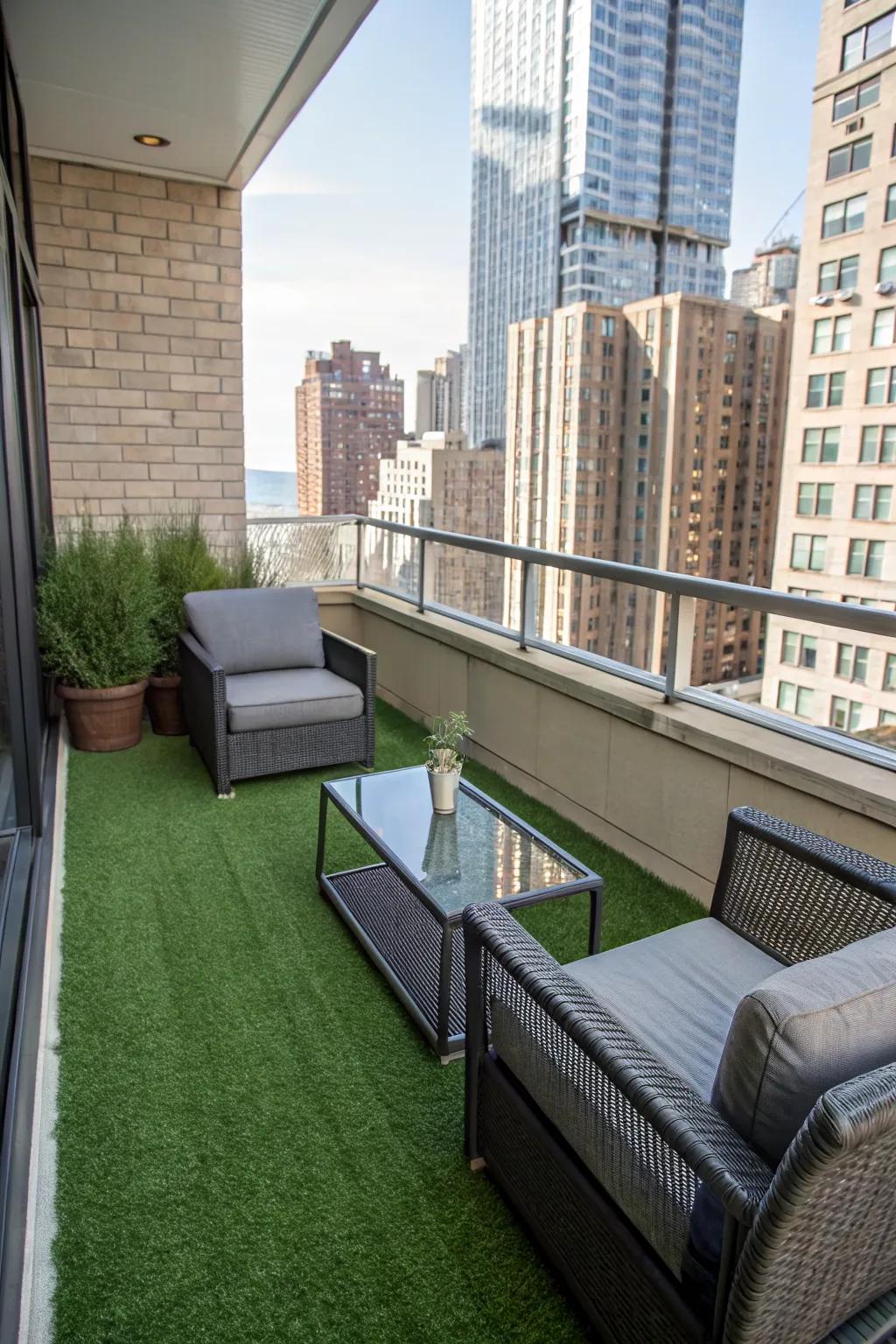 Upgrade your urban balcony with artificial grass and modern decor.