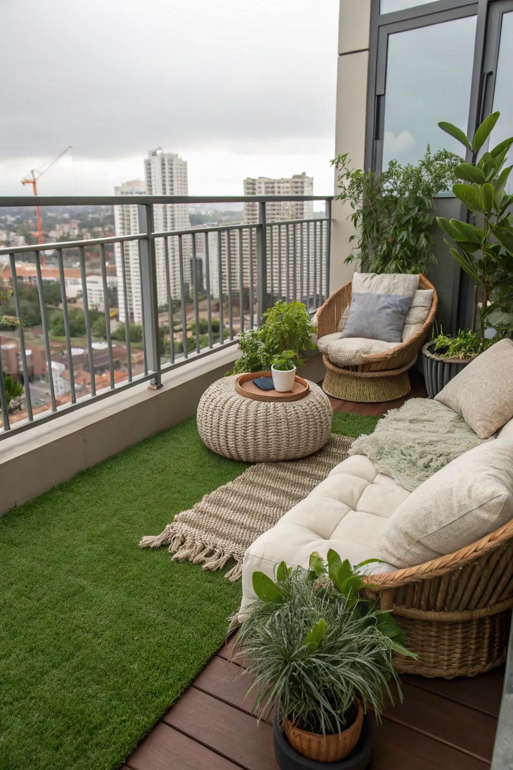 Faux lawn transforms balconies into cozy, green retreats.