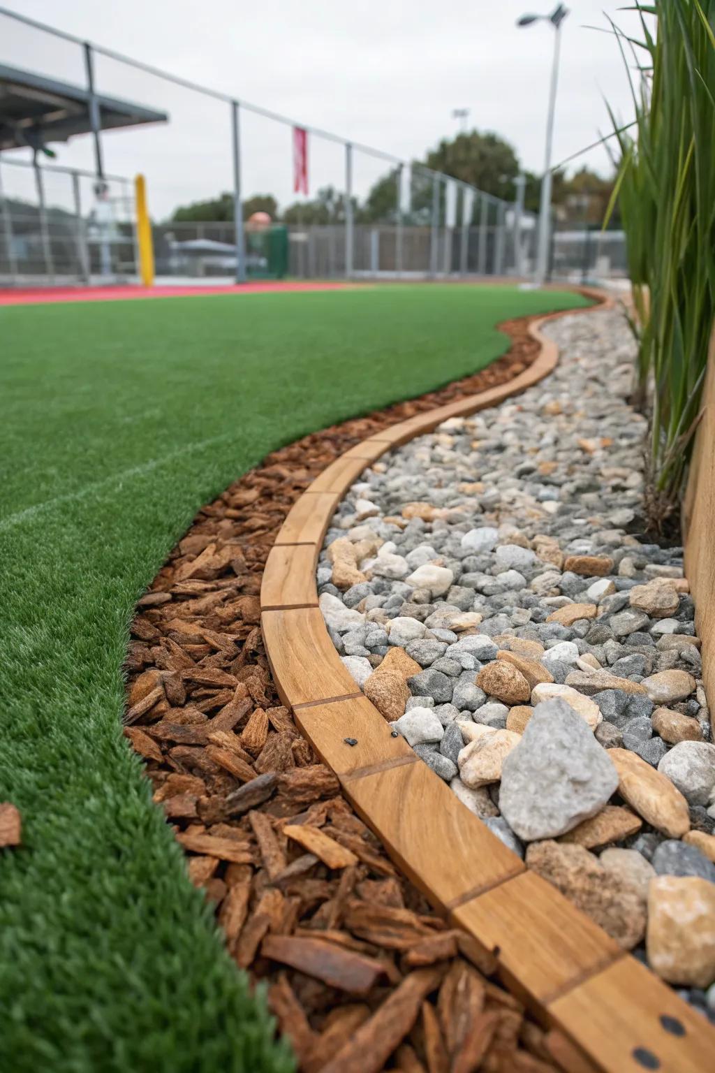 A unique combination of materials creating a one-of-a-kind border for artificial turf.