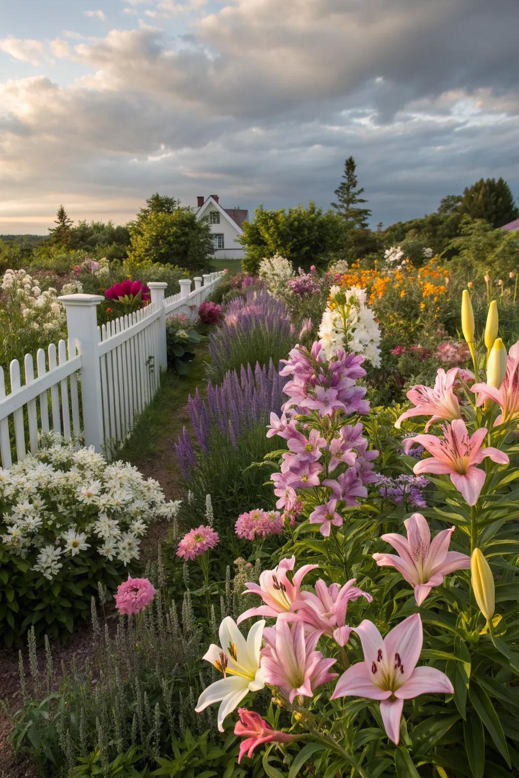 A charming cottage garden featuring Asiatic lilies.