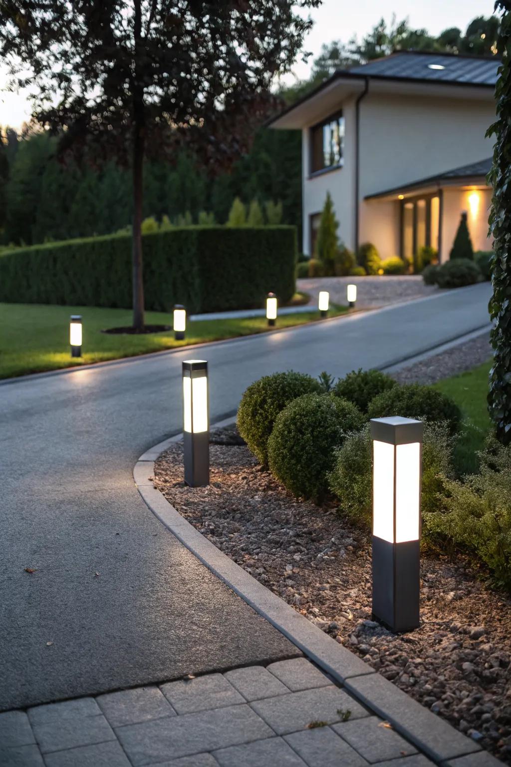 An asphalt driveway illuminated with stylish solar bollard lights.