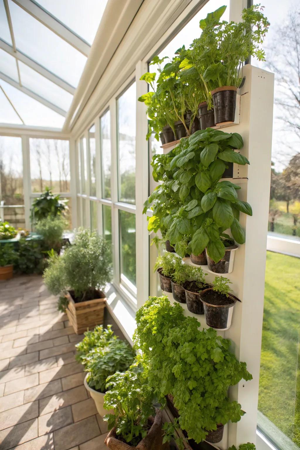 A vertical herb garden in a sunroom for fresh flavors