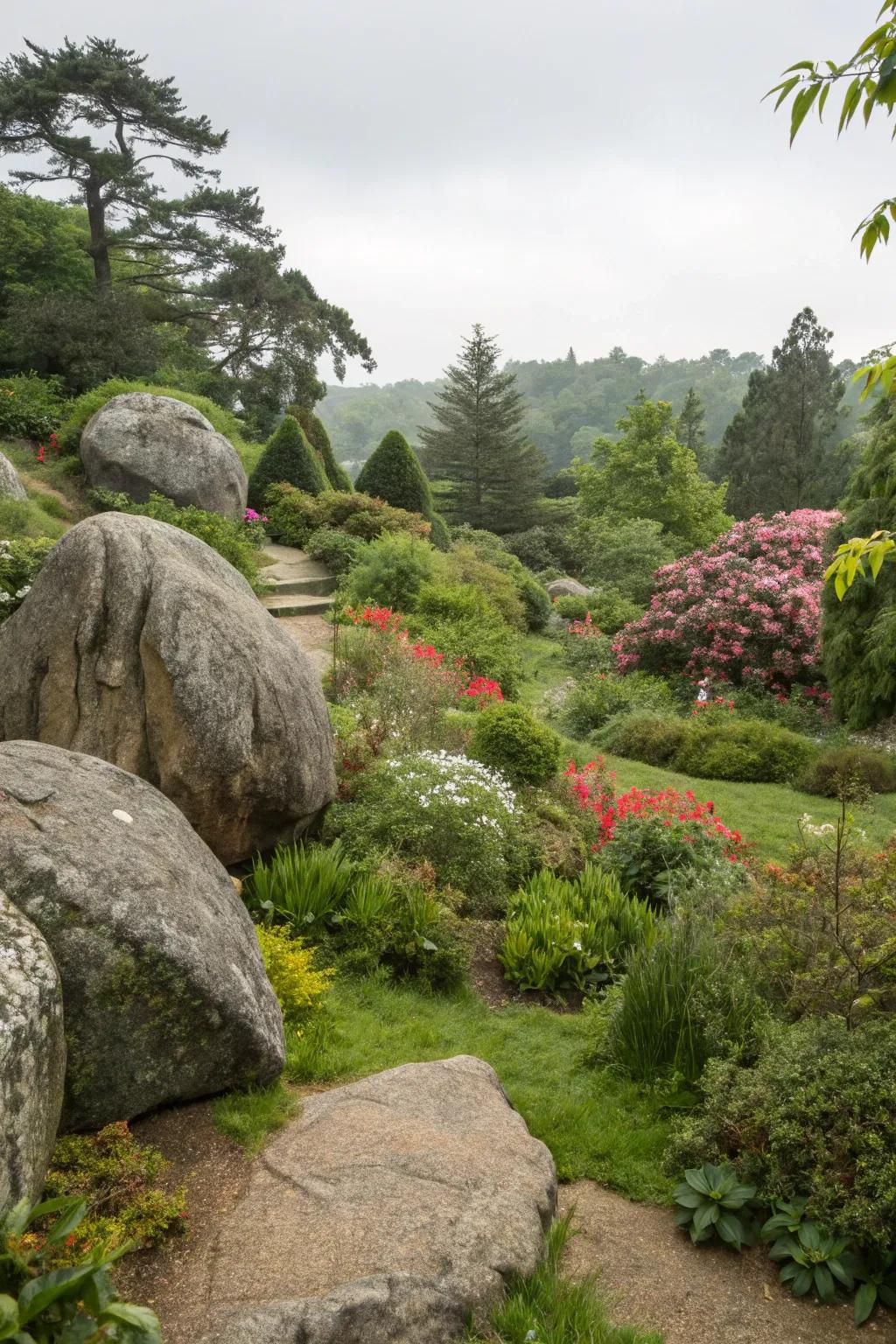 Boulders add texture and depth to gardens.
