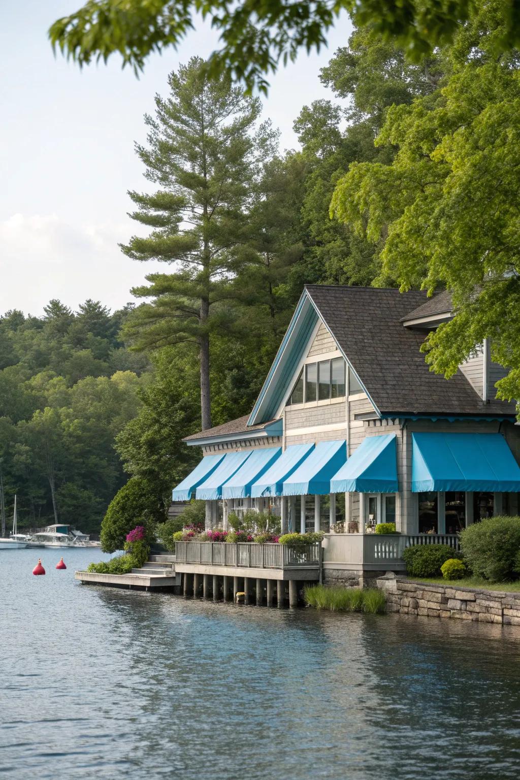 Powder blue awnings create a calm and serene atmosphere.
