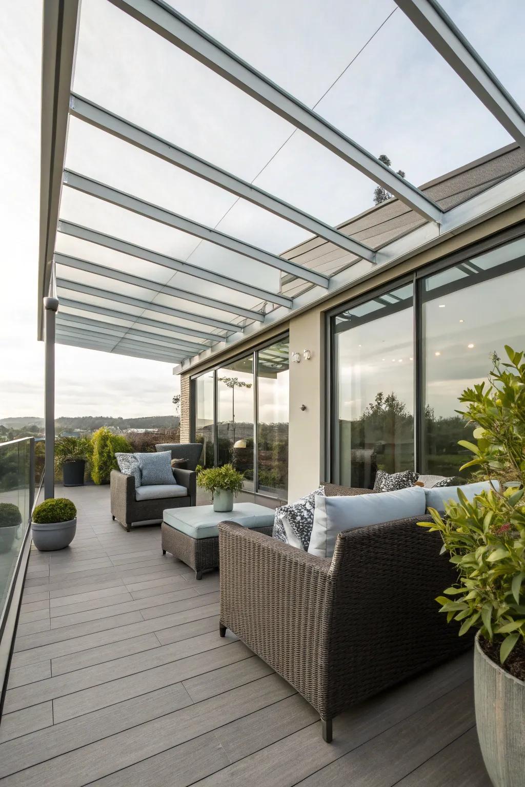 Glass roof awnings provide an airy yet sheltered space.