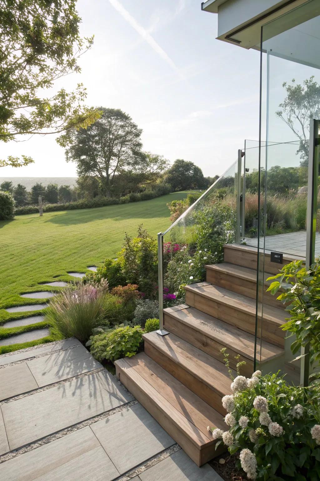 Glass panel railings offer an unobstructed, elegant view.