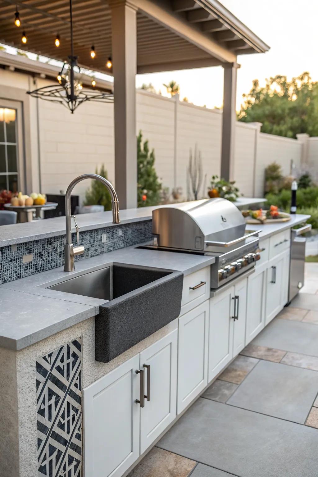 A stylish outdoor sink enhances convenience in this well-equipped back patio kitchen.