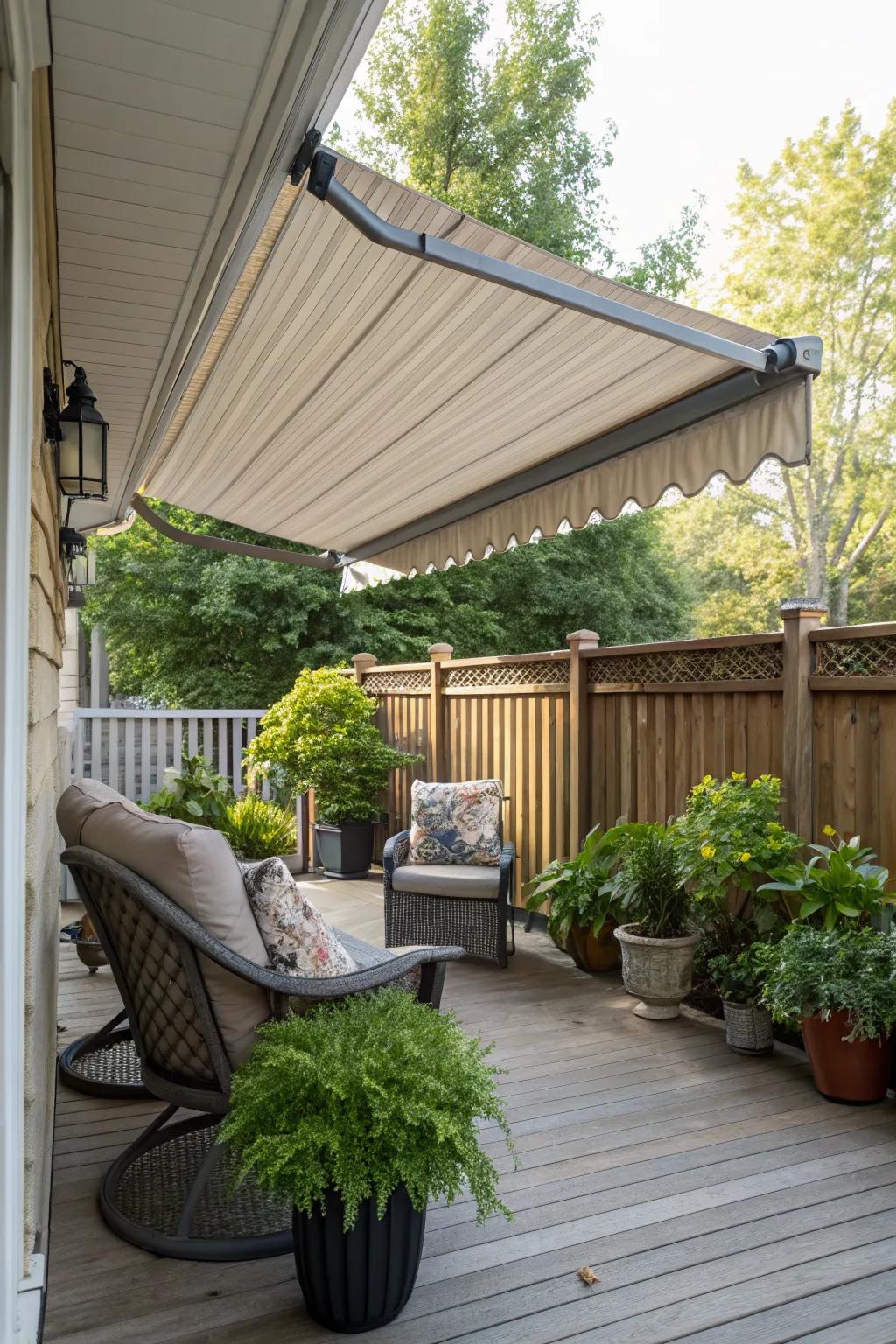 A back porch equipped with a retractable awning for adjustable shade.