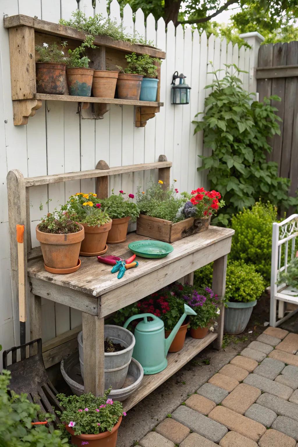 A rustic potting bench adds charm and functionality to your backyard corner.
