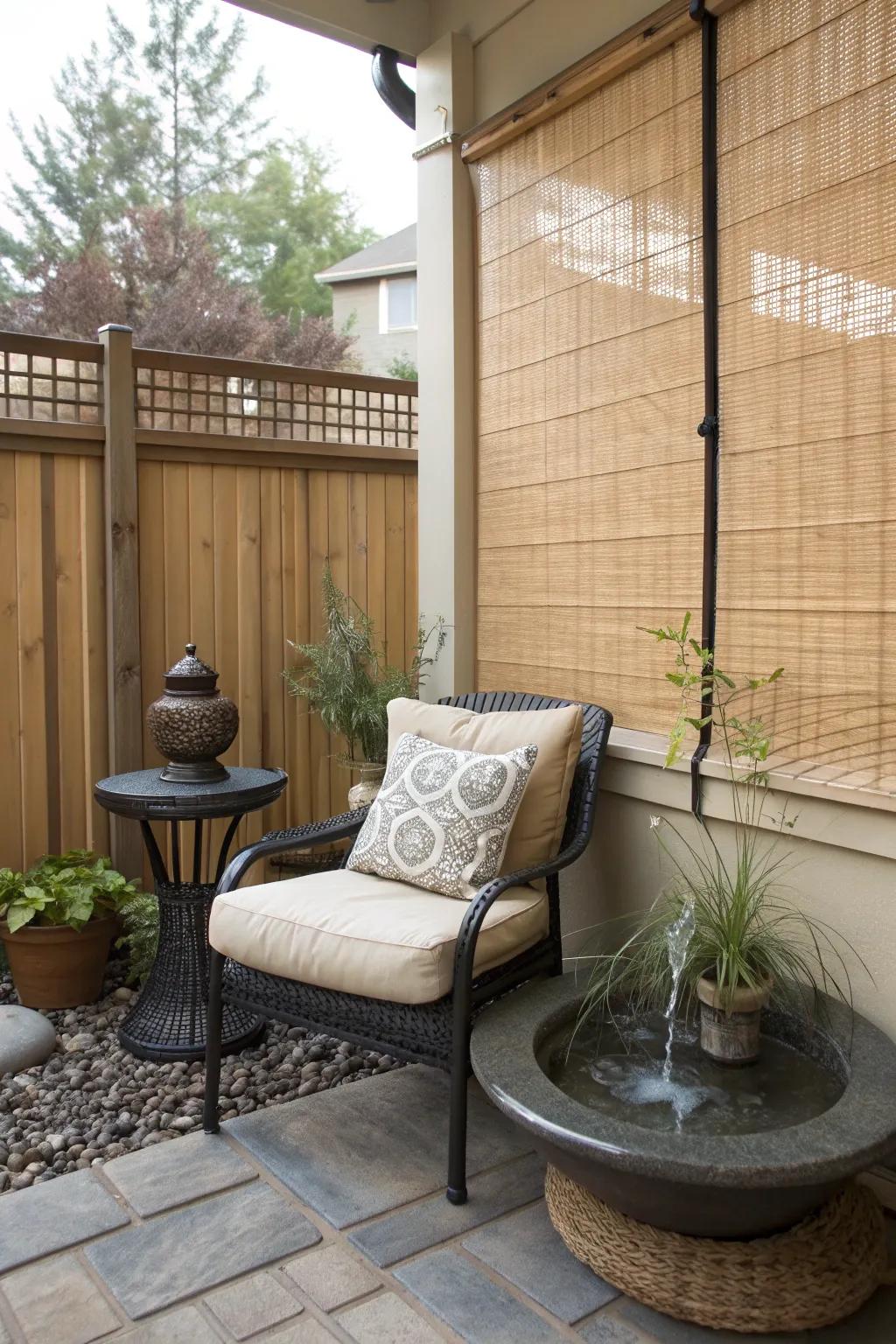 A zen corner offers a peaceful retreat within the patio.