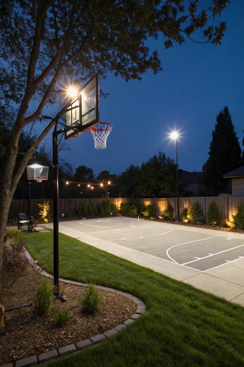 An environmentally conscious basketball court with solar-powered lighting.