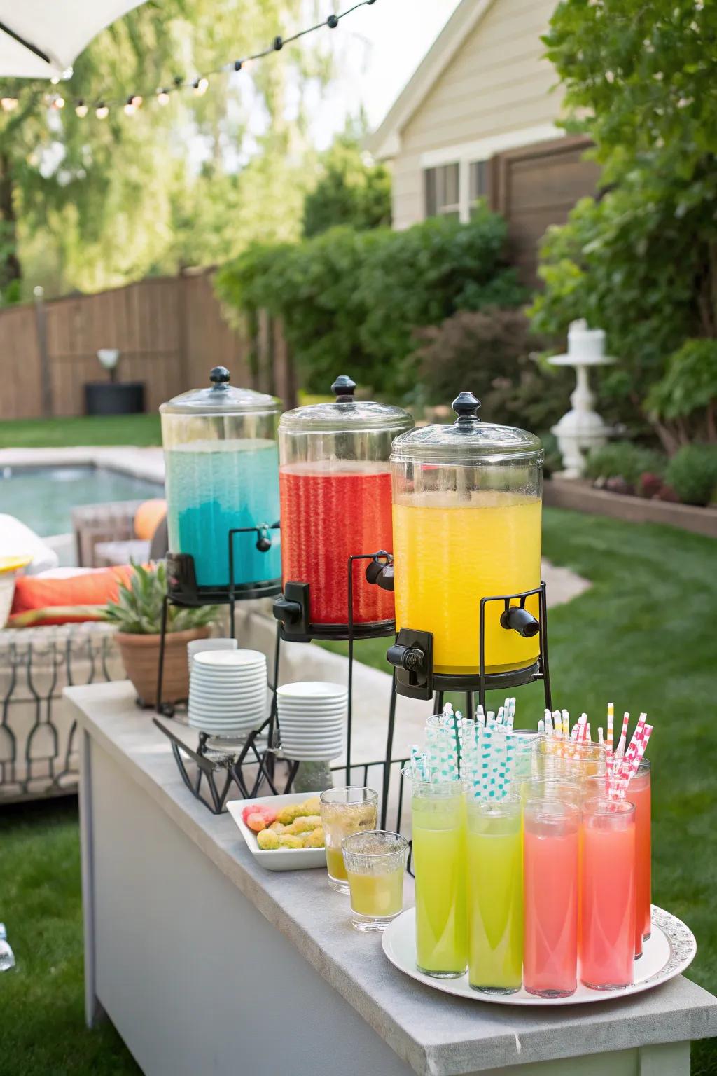 A drink station keeps guests refreshed and adds a splash of color.