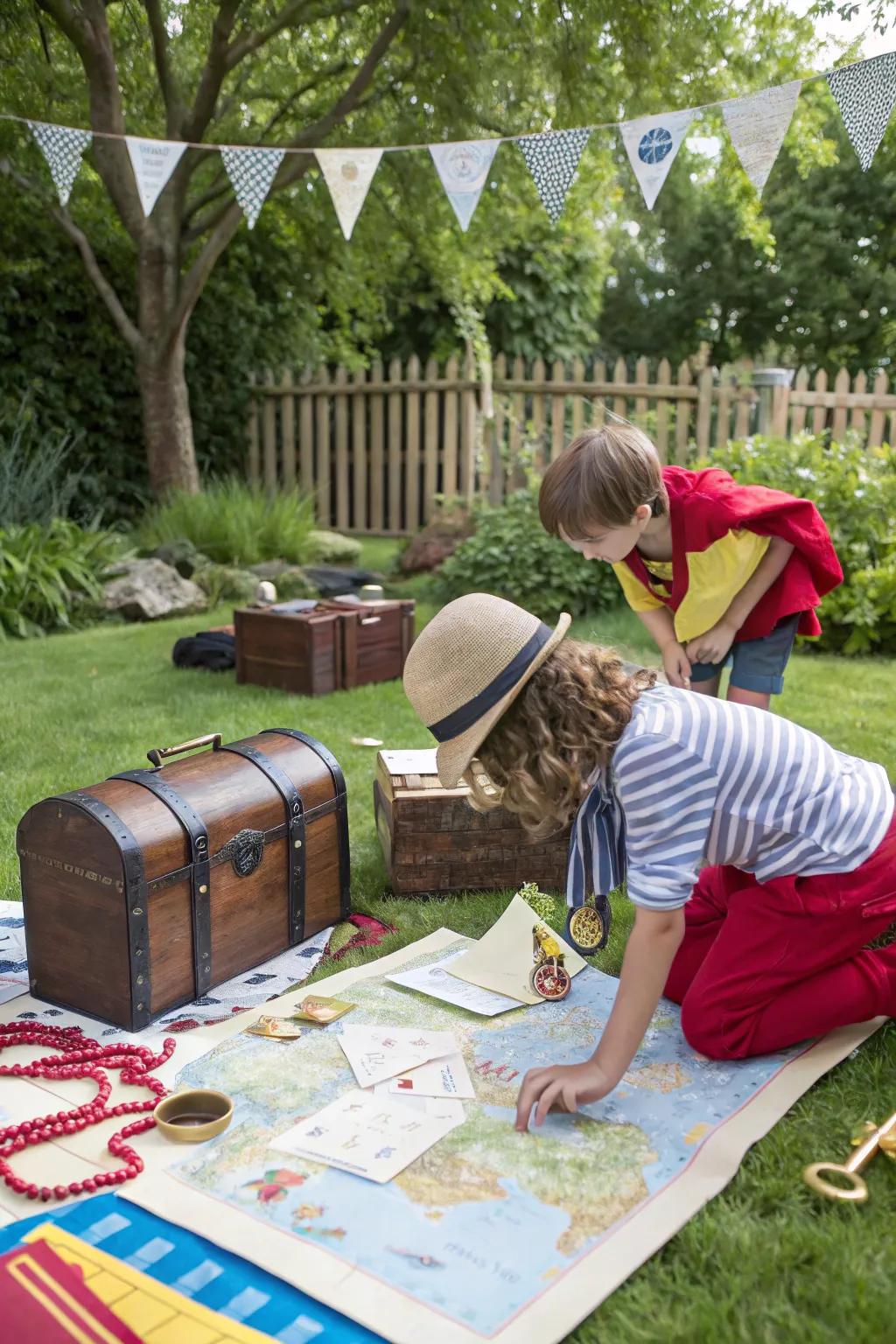 Backyard treasure hunt setup with maps, treasure chests, and kids searching for clues.