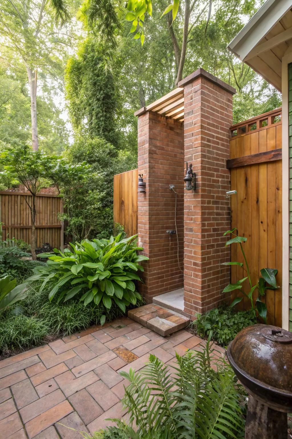 Brick outdoor showers combine luxury with nature.