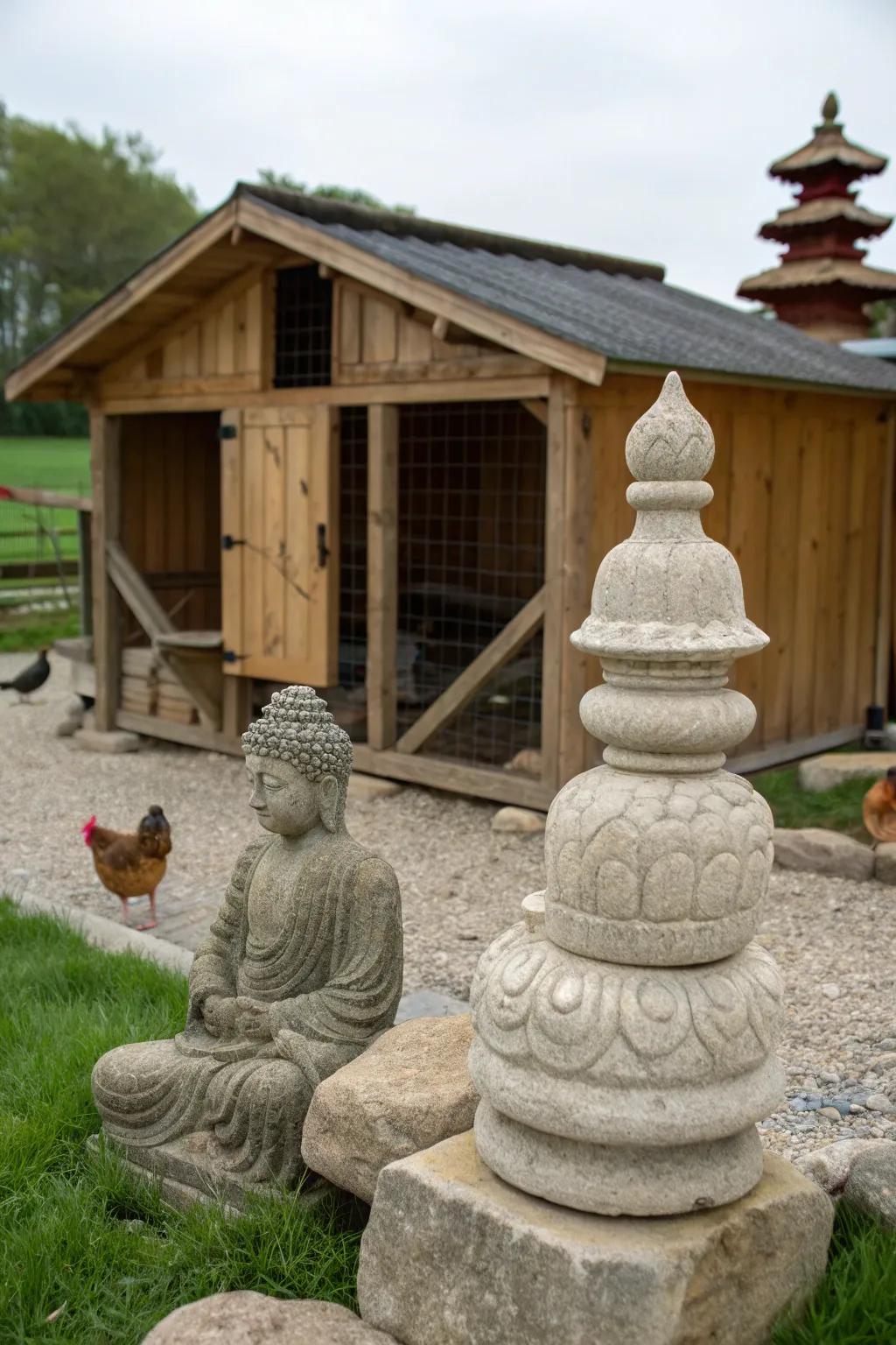 Stone sculptures add artistic flair and character to the coop landscape.