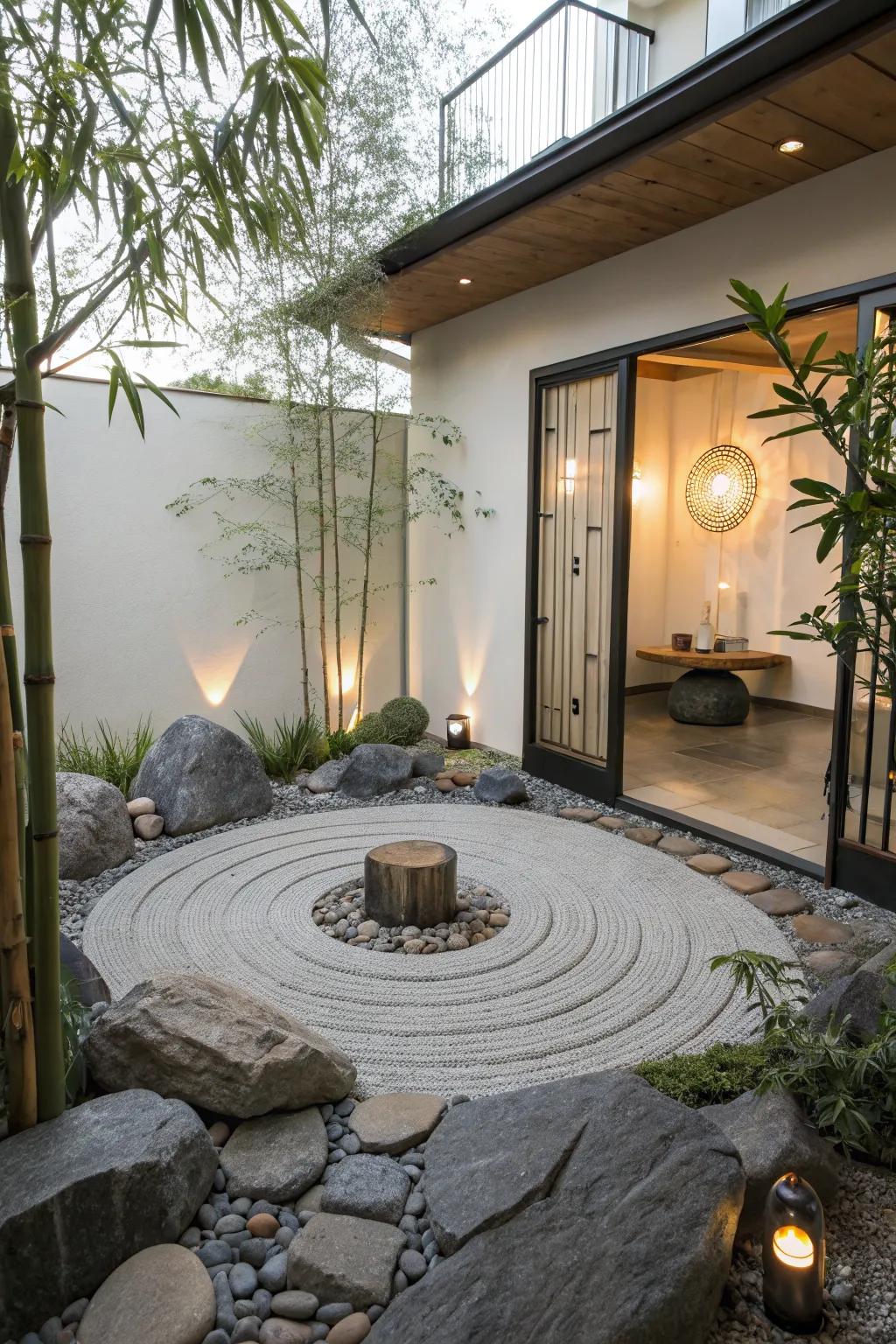 A Zen retreat on a circular patio, perfect for relaxation.