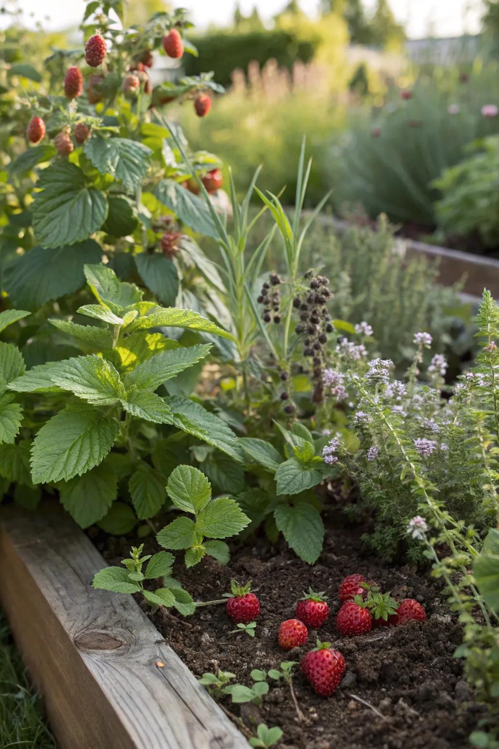 Edible plants like berries and herbs add function and flavor.