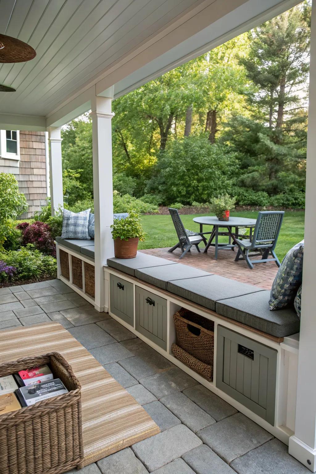 Built-in storage solutions keeping a covered porch organized.