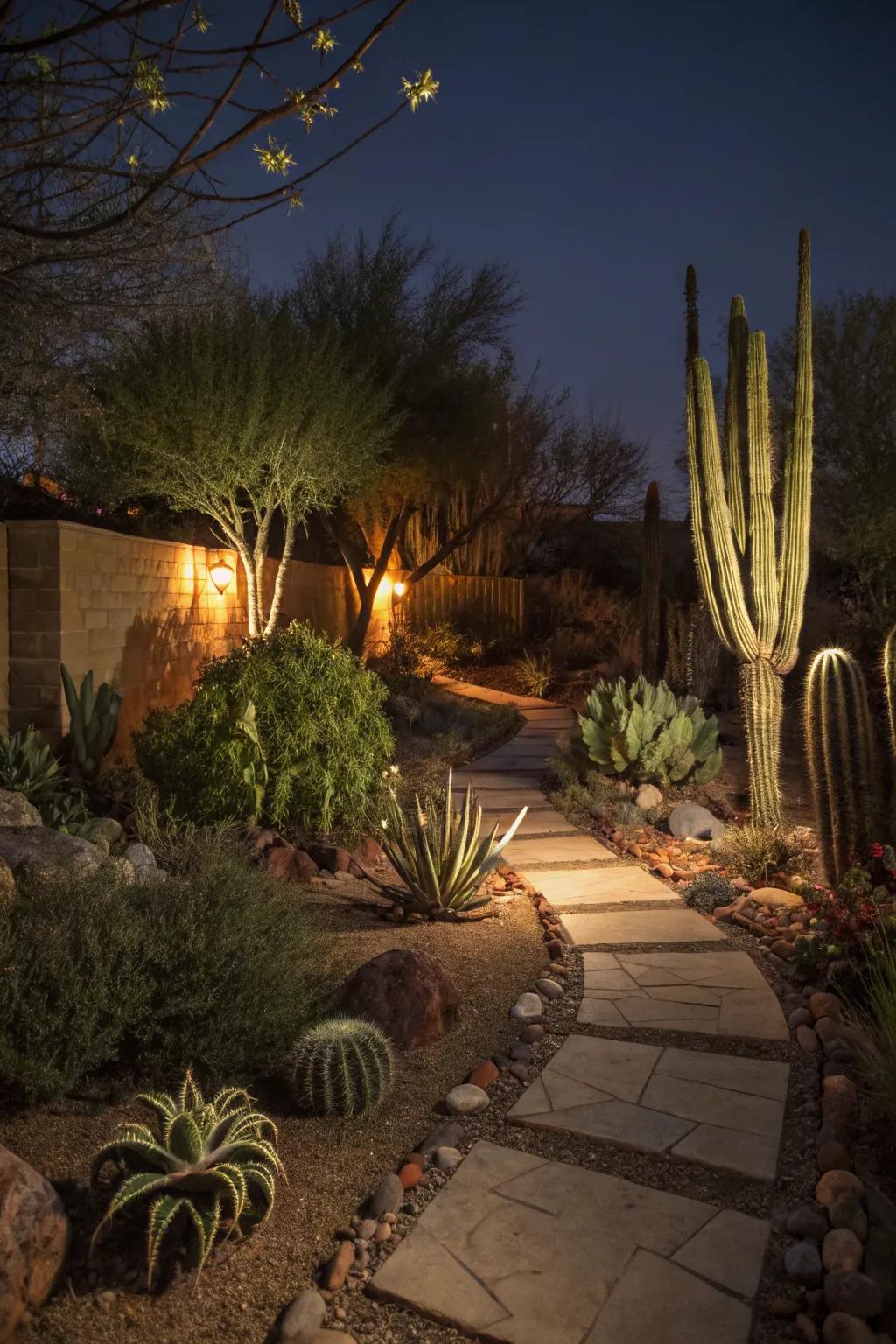 Dramatic lighting transforms your desert garden at night.