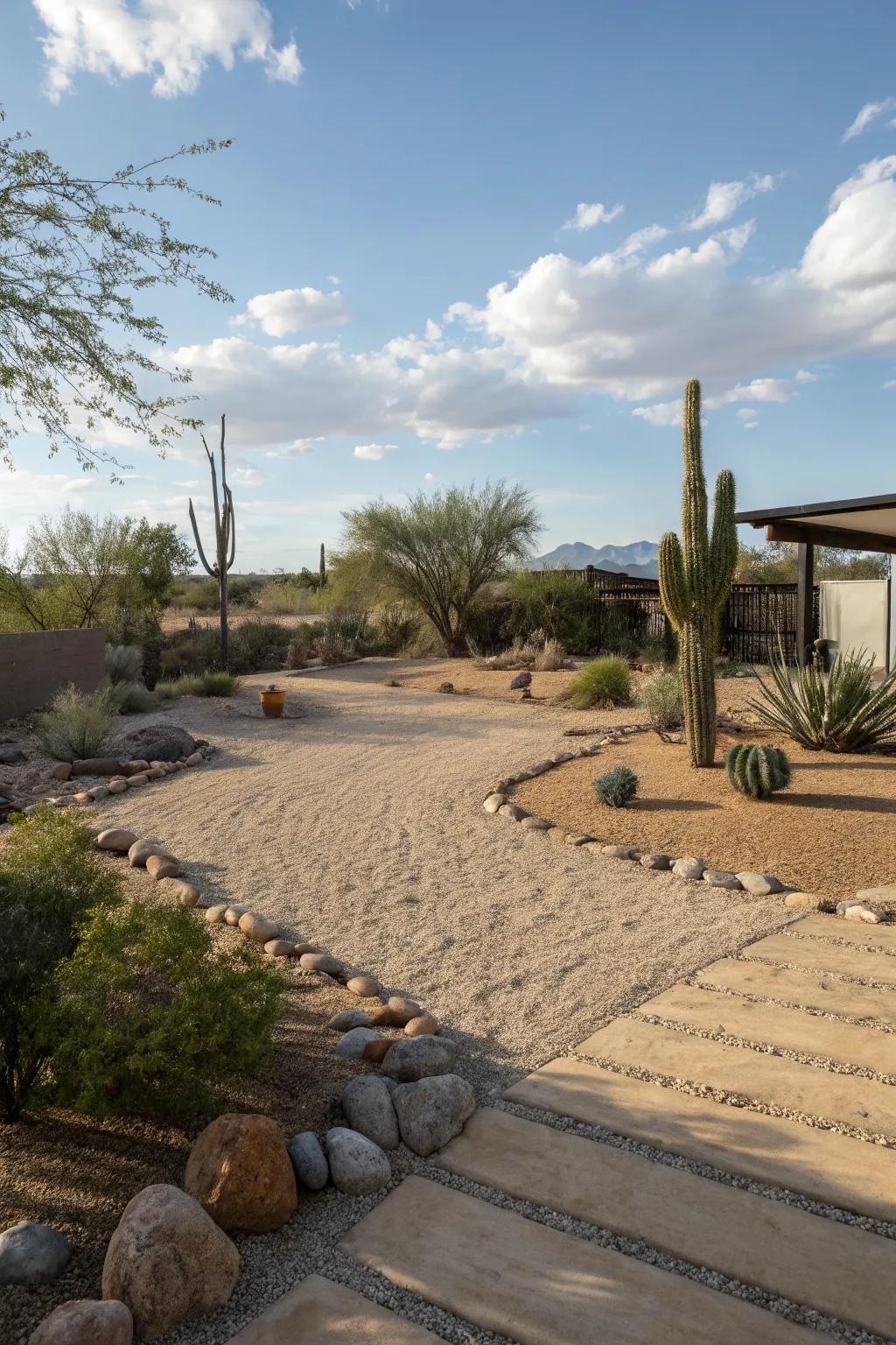 Sand and pebbles provide a serene, natural ground cover.