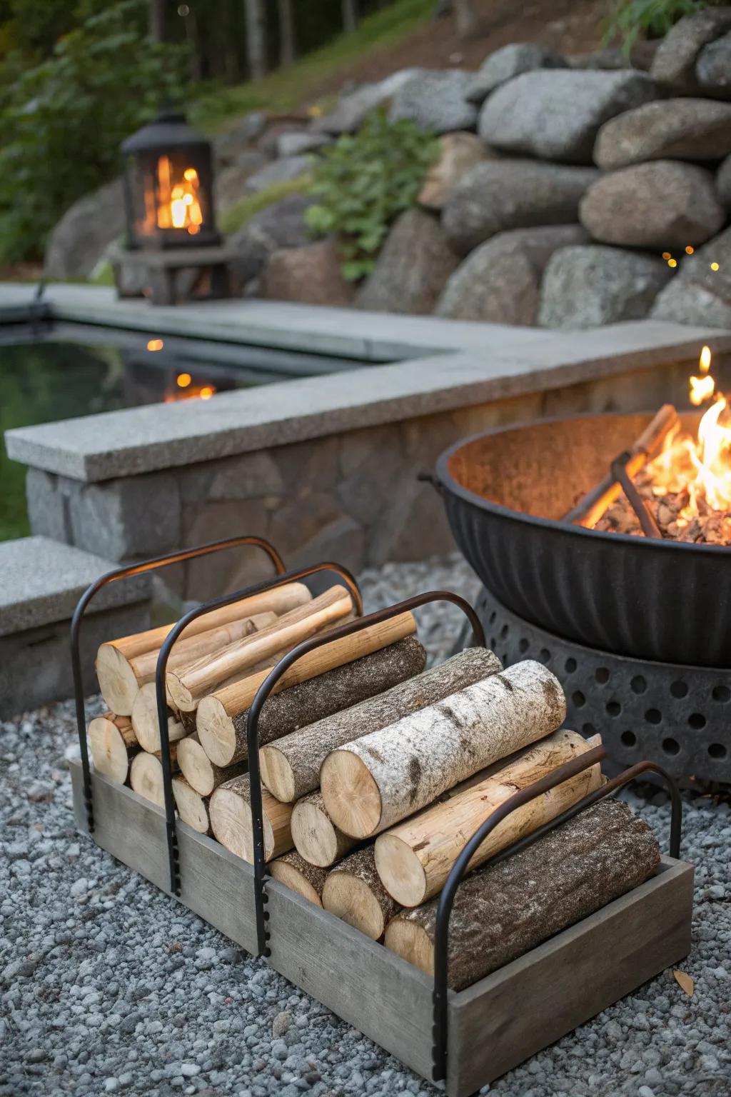 Stylish log holders add both function and flair.