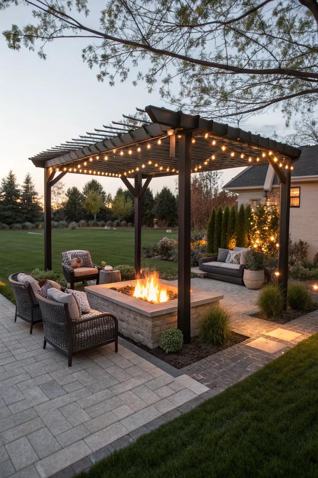 Pergola string lights add a chic touch to your fire pit.