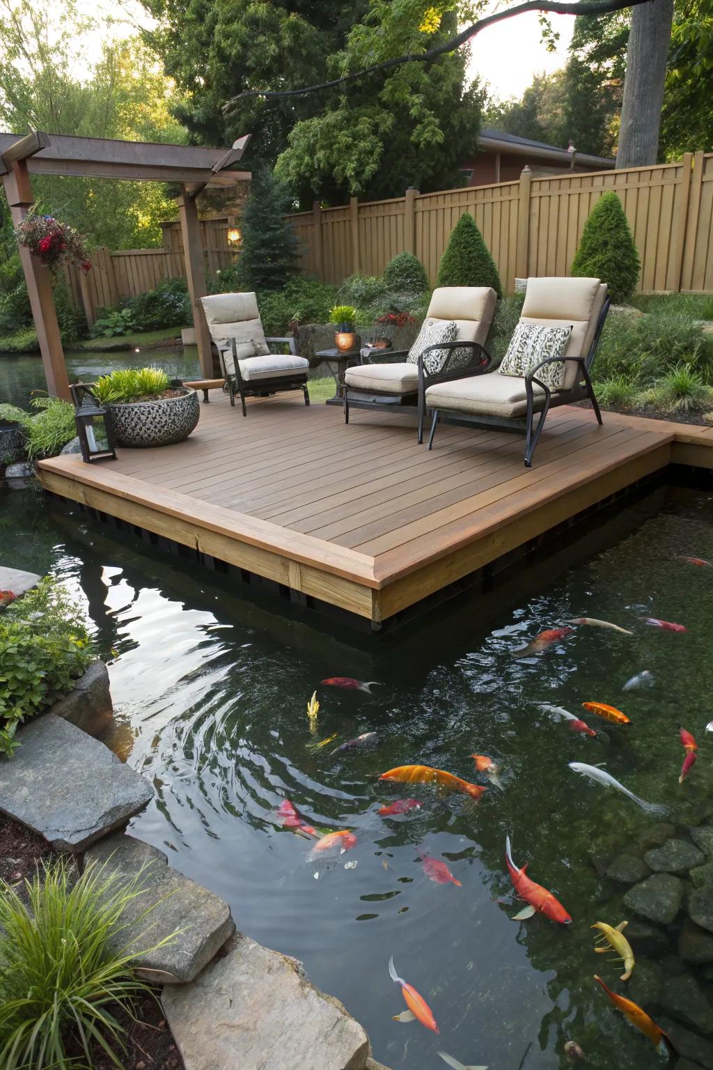 A floating deck provides a chic and intimate pond experience.