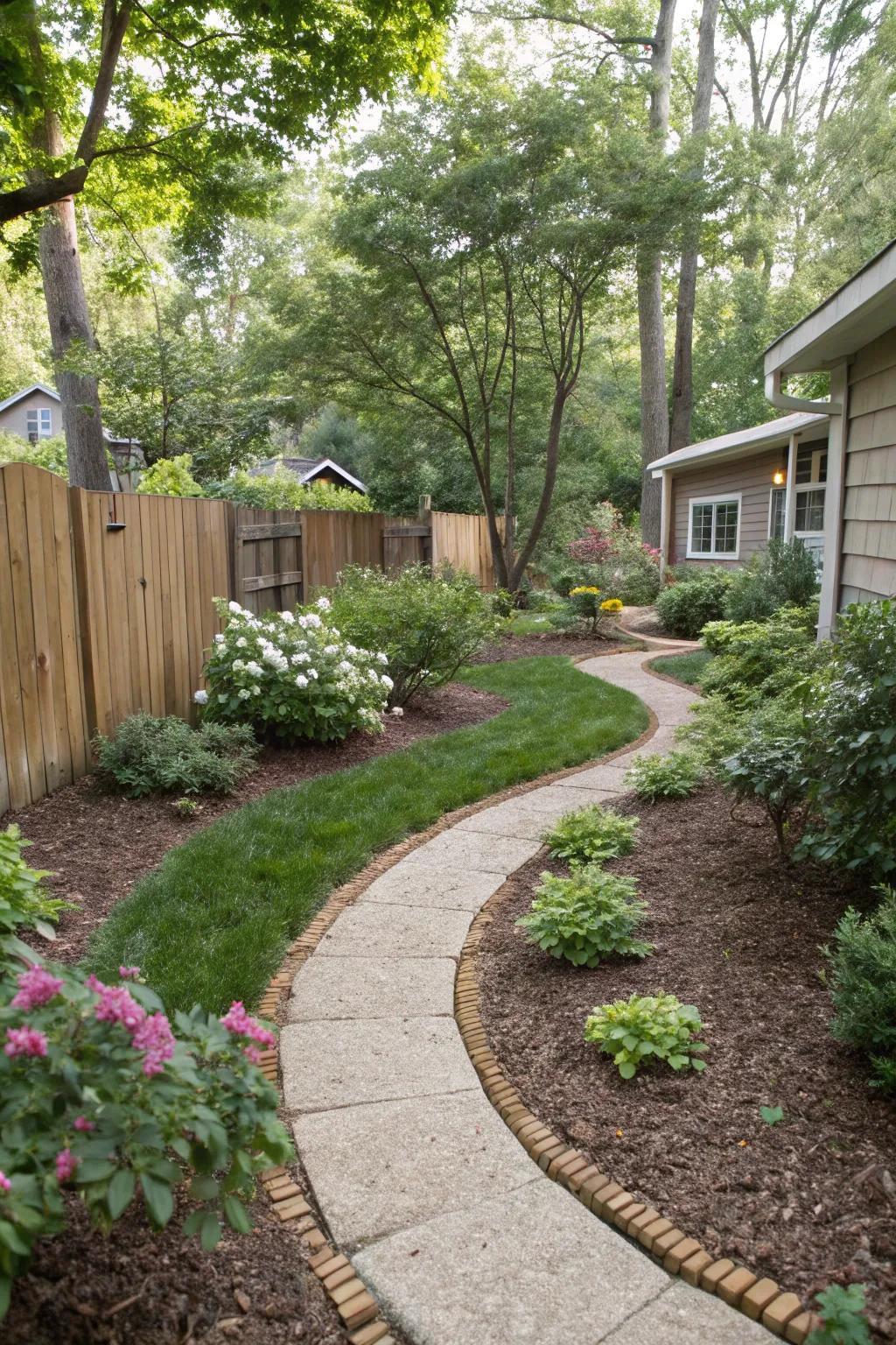 Dog-safe mulch adds comfort and natural beauty to paths.