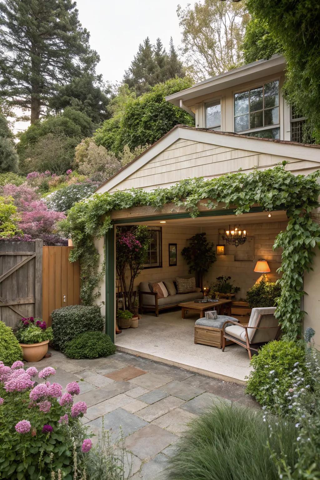 A backyard garage enhancing the courtyard atmosphere.