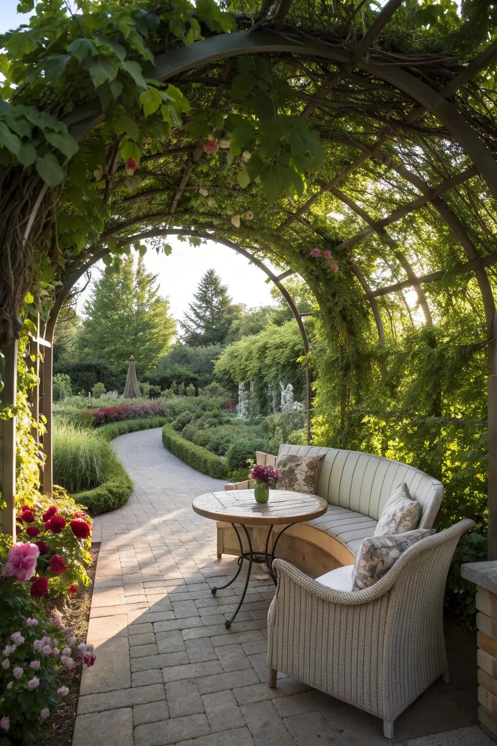 Arches over seating areas provide a cozy garden retreat.