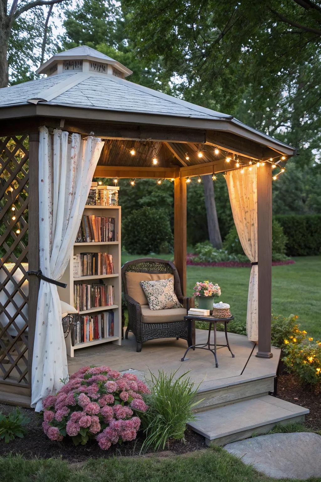 A reading nook adds a personal, relaxing touch to this gazebo.