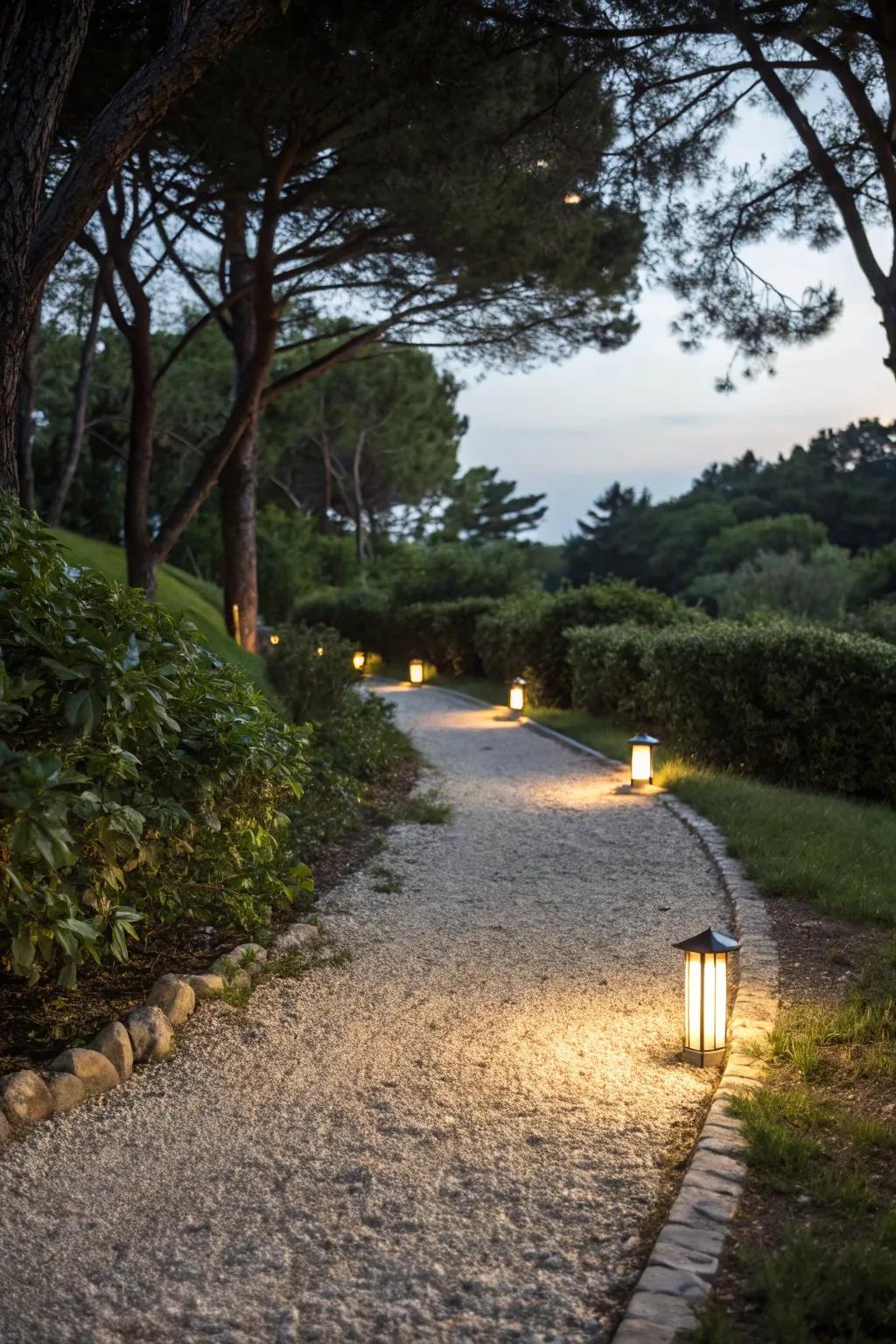 Lighting highlights the beauty of gravel pathways at night.
