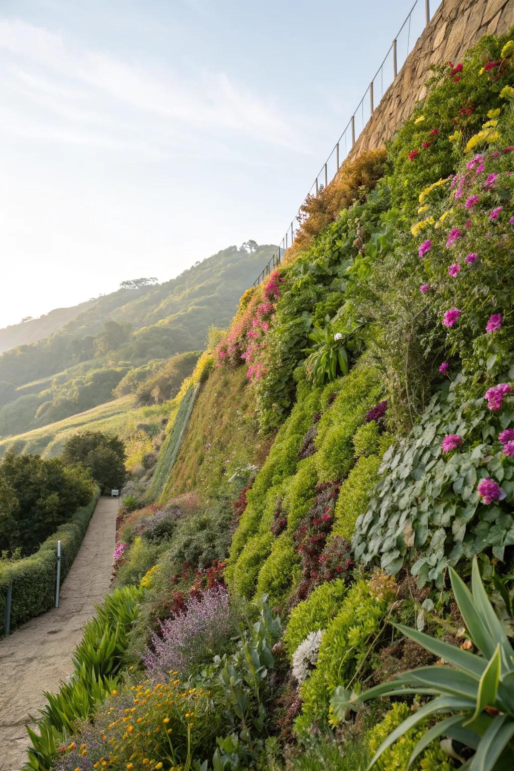 Living walls provide vertical greenery and enhance slope stability.