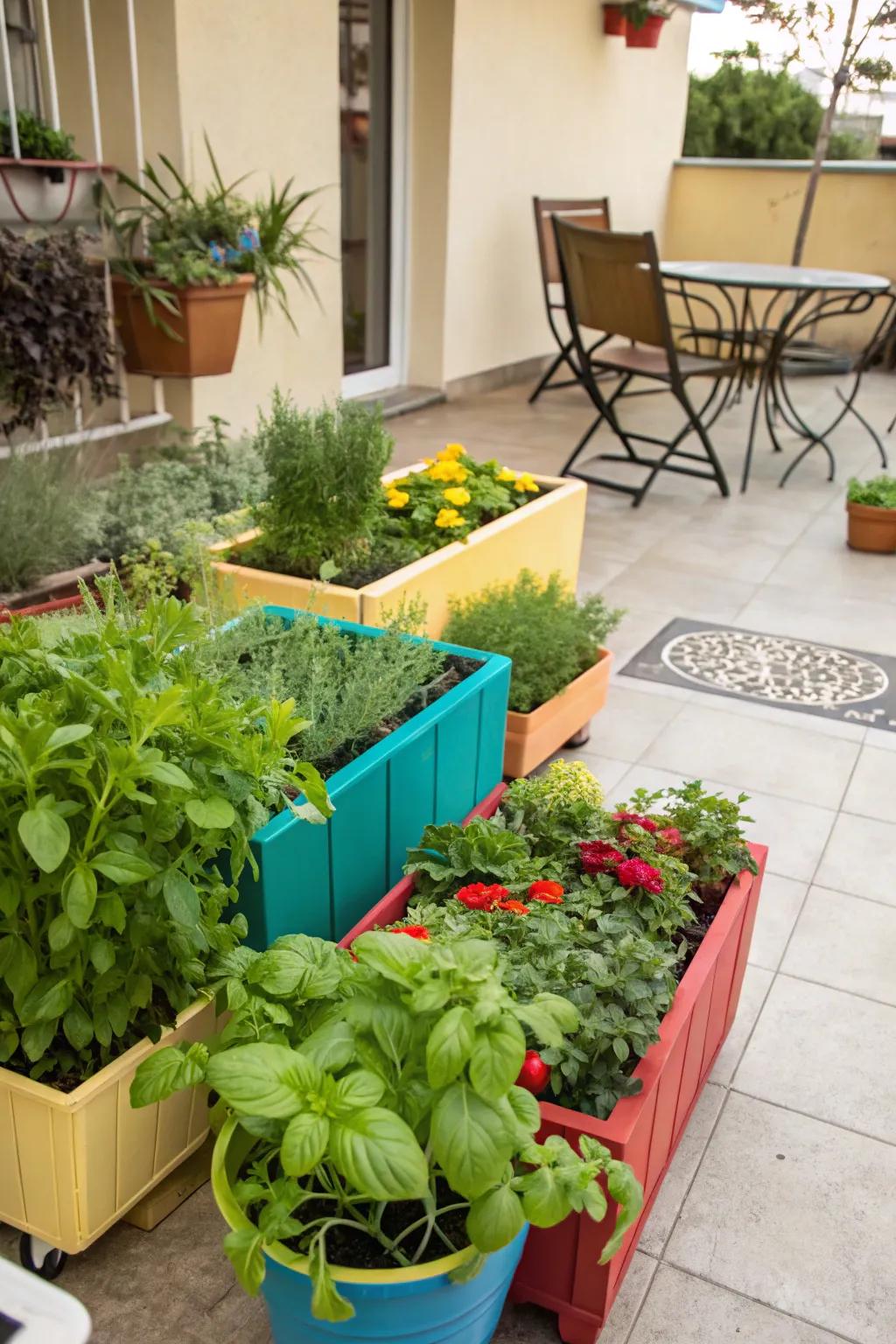 A vibrant container garden flourishing on a patio.