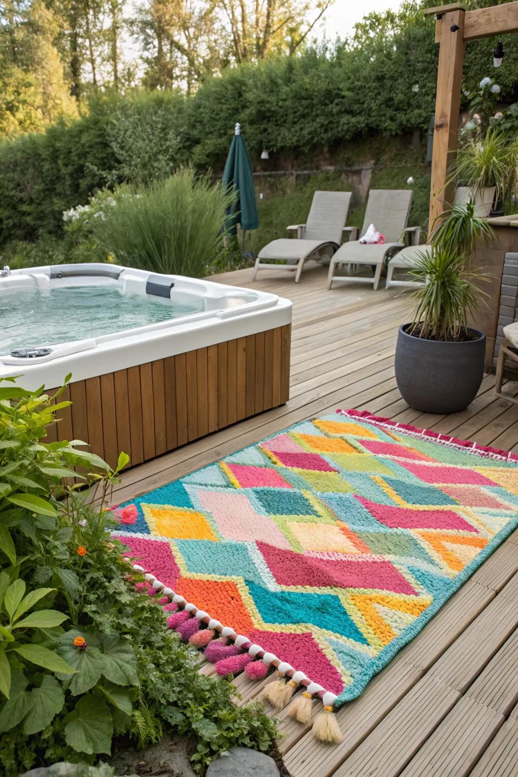 An outdoor rug adds warmth and style to the hot tub area.