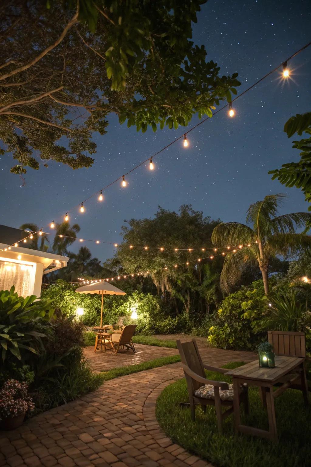 Decorative lighting creating a magical atmosphere in a Florida backyard.