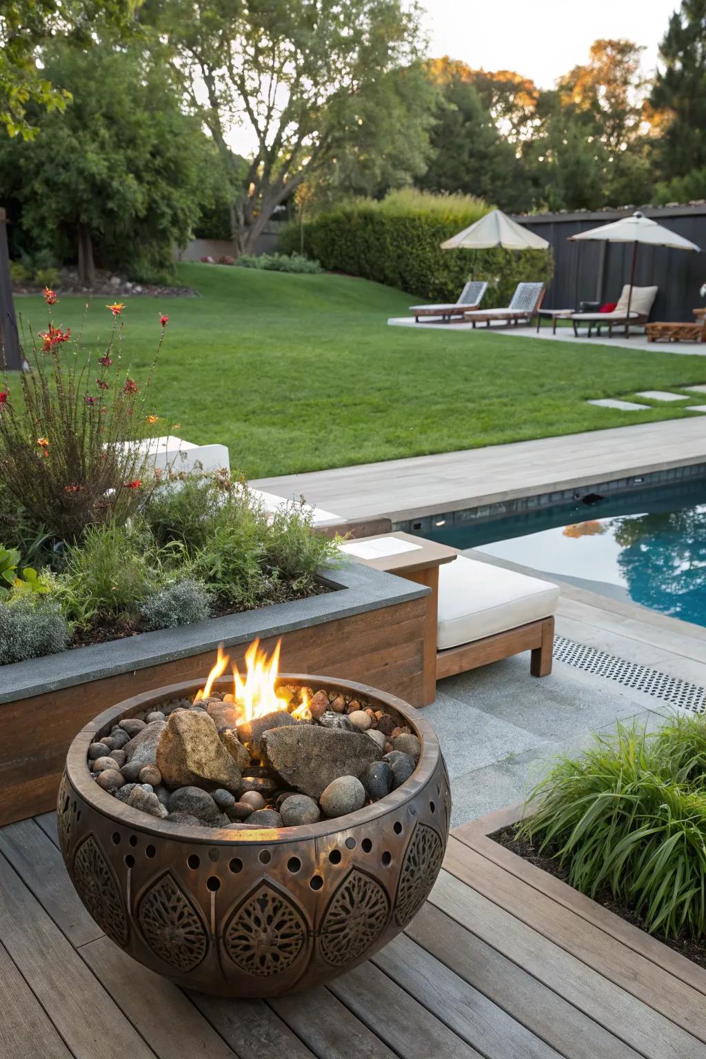 Custom fire bowl designs serve as unique backyard centerpieces.