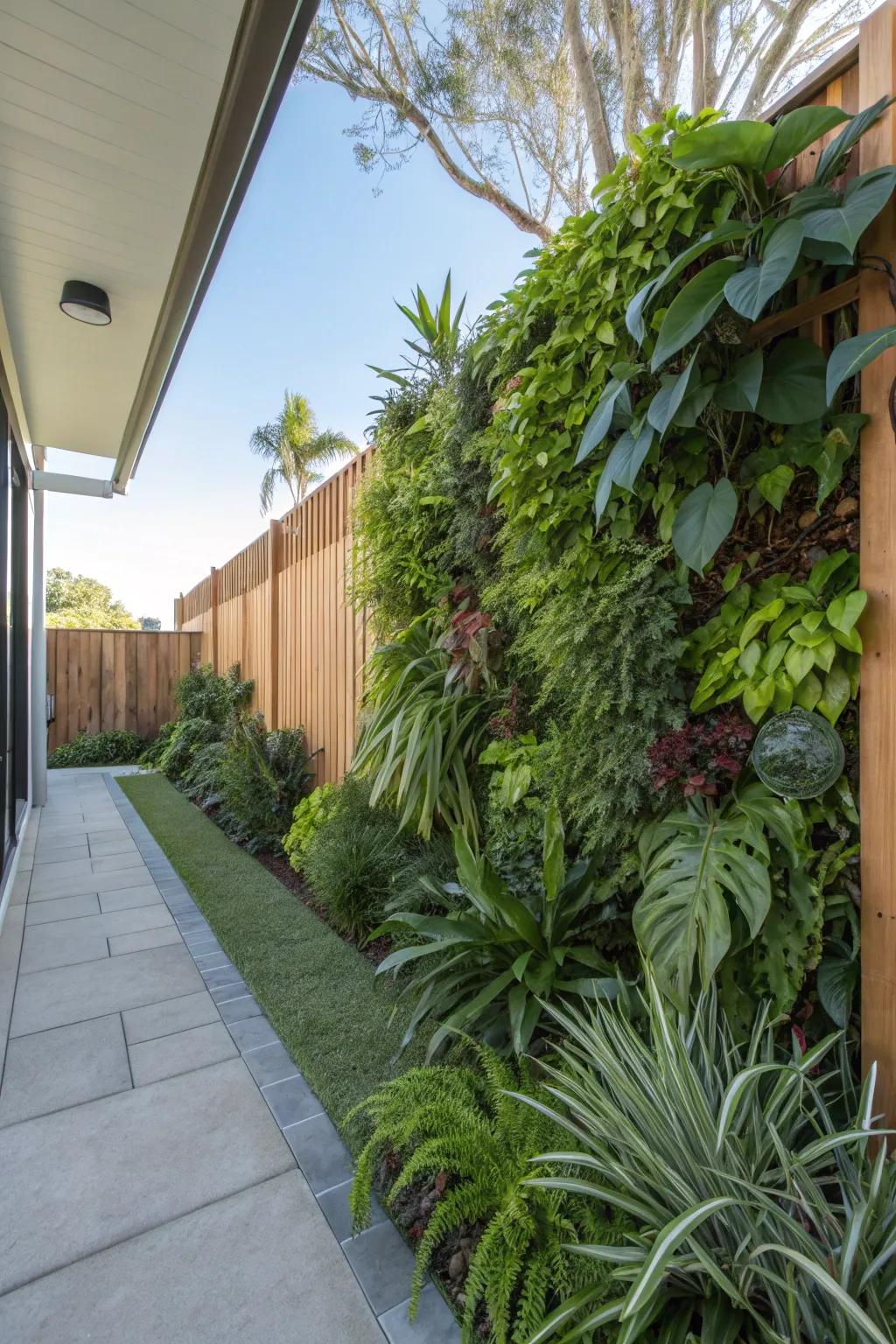 A lush living wall transforms a plain garden space.
