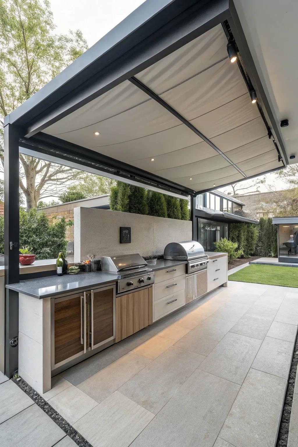 A hidden outdoor kitchen with retractable covers for a sleek backyard aesthetic.