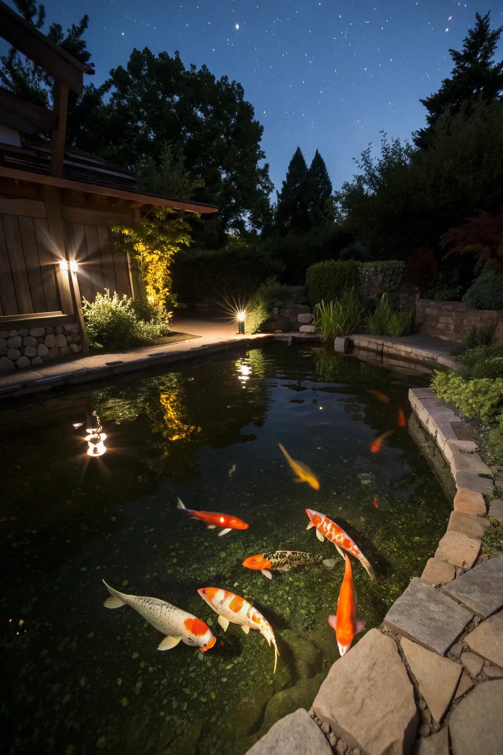 Underwater lighting creates a captivating ambiance for evening enjoyment.
