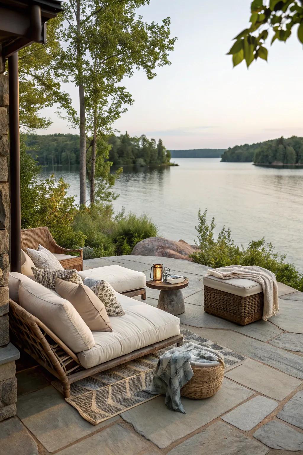 A lakeside patio offers a perfect spot for relaxation and views.
