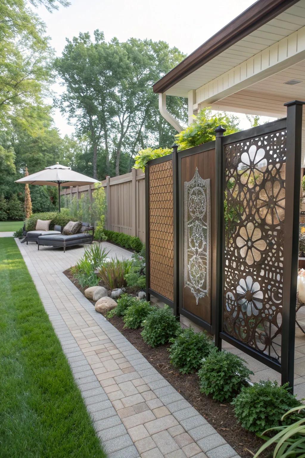 Decorative panels serve as both art and privacy barriers in your backyard.