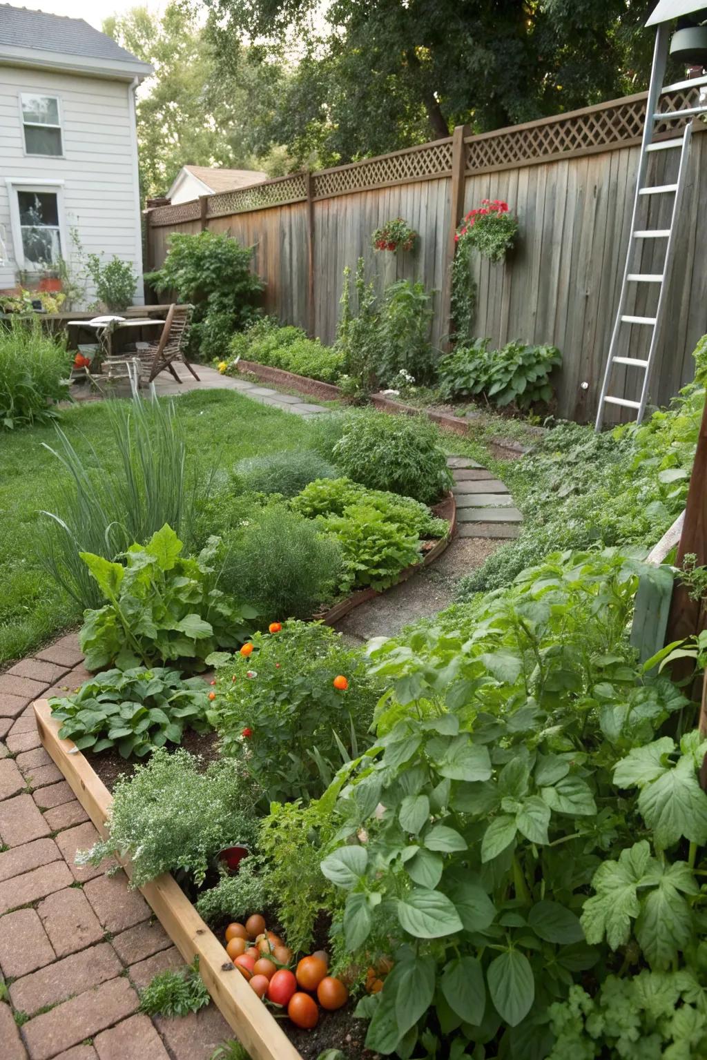 A backyard where beauty meets utility through edible landscaping.