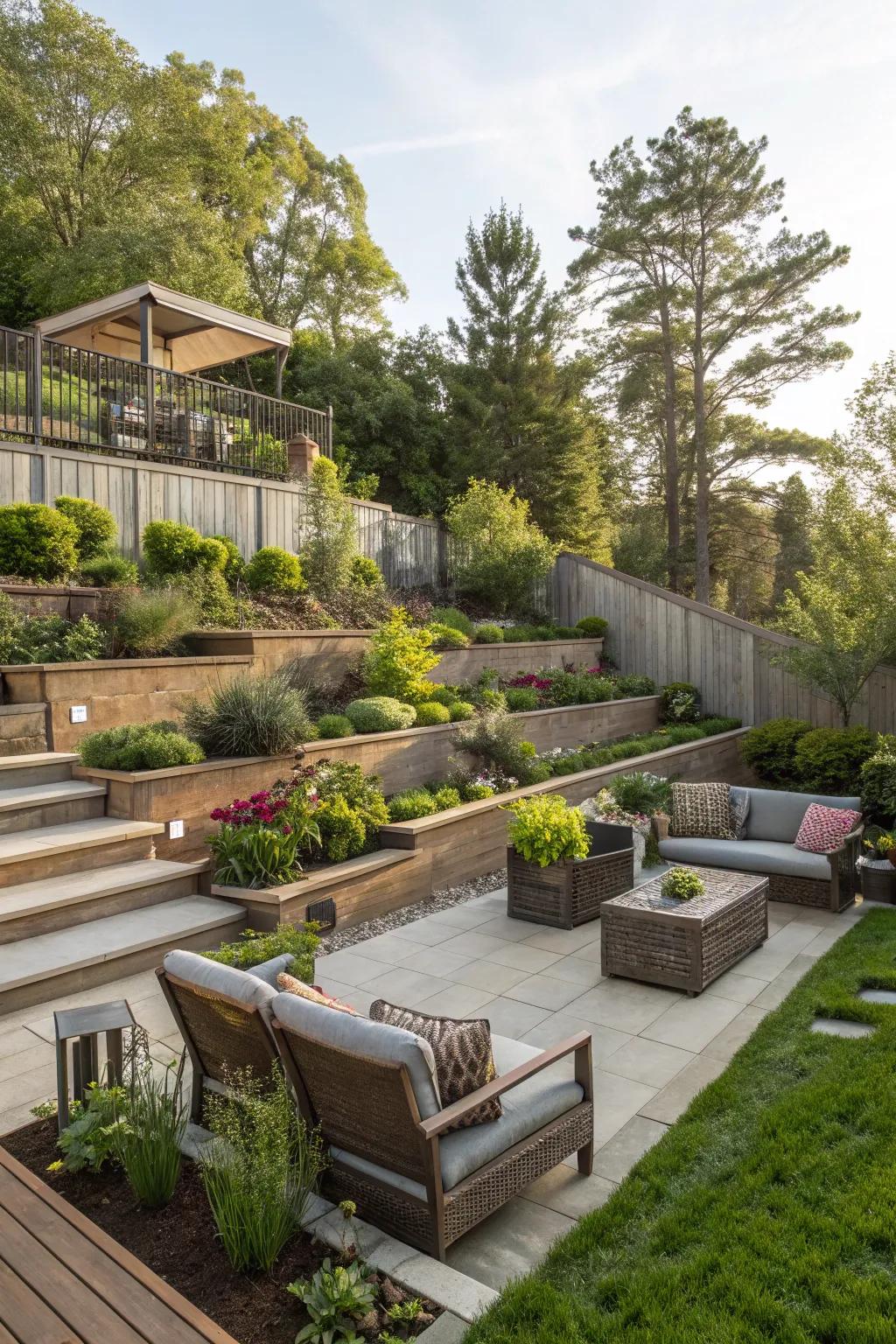 Multi-level terraces offer versatility and style.
